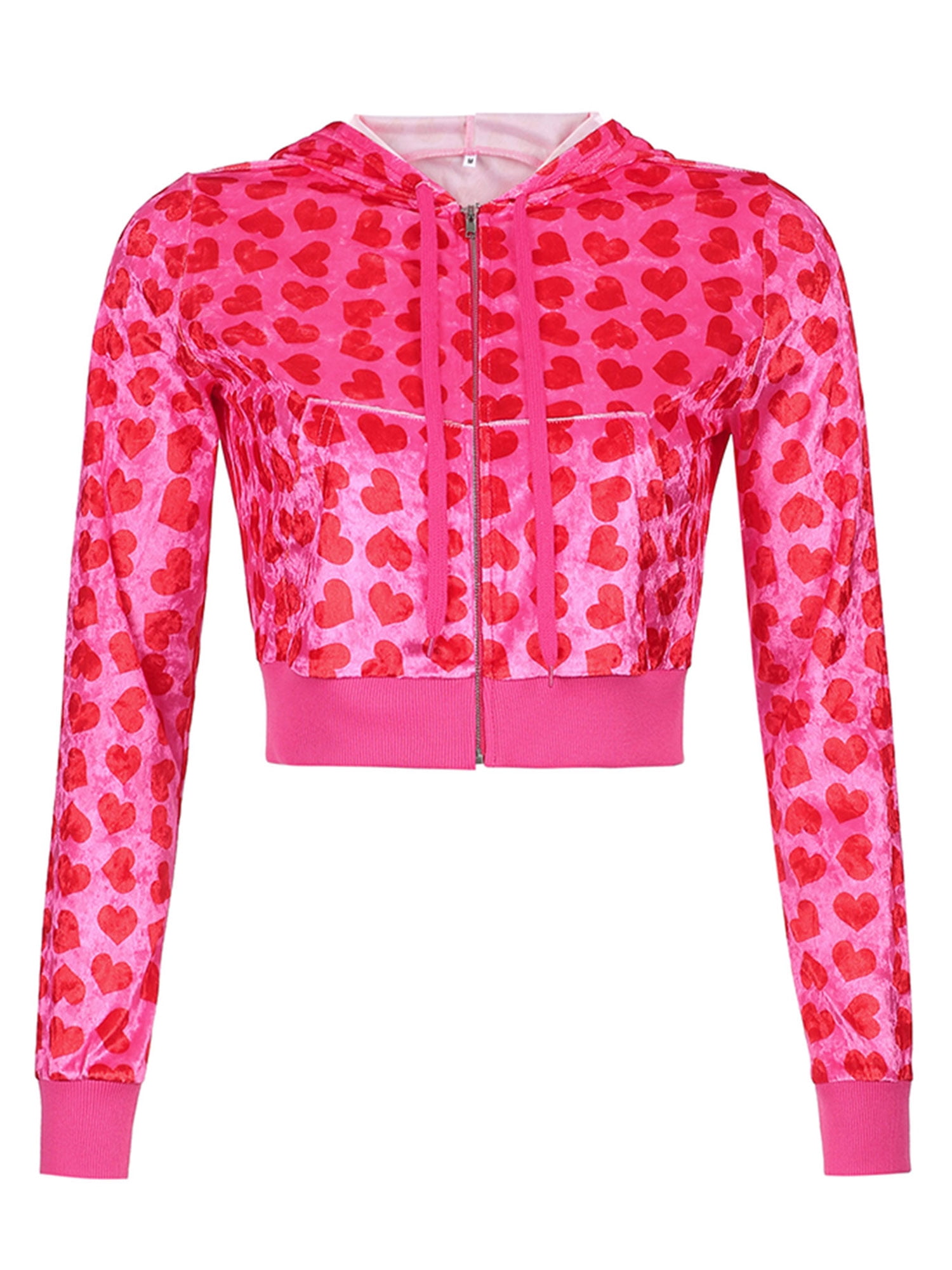 MISOWMNJOY Women Pink Heart Print Hoodies Pullover Zip Up Cropped Sweatshirt Y2k High Waist Sweatpants, Women's, Size: Medium