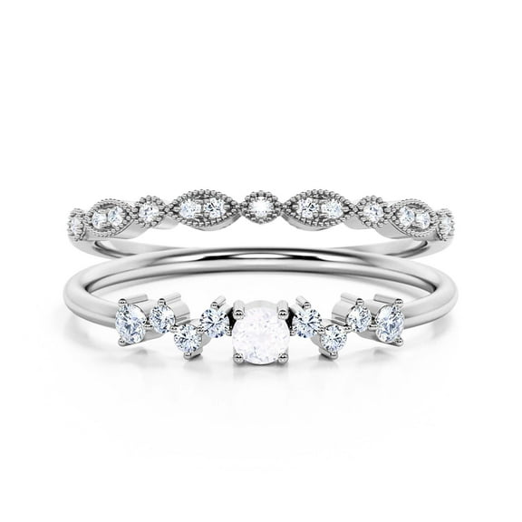 Anniversary Gift Minimalist 1.15 Carat Round Diamond Moissanite Engagement Ring, ZigZag Style Wedding Band in 925 Sterling Silver With 18k White Gold Plating Gift For Woman Bridal Set, Matching Band