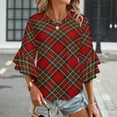 thumbnail image 3 of Royal Stewart Tartan Cross Plaid Women's V-Neck Blouse With 3/4 Ruffled Bell Sleeves Casual Top Ladies Blouses, 3 of 7
