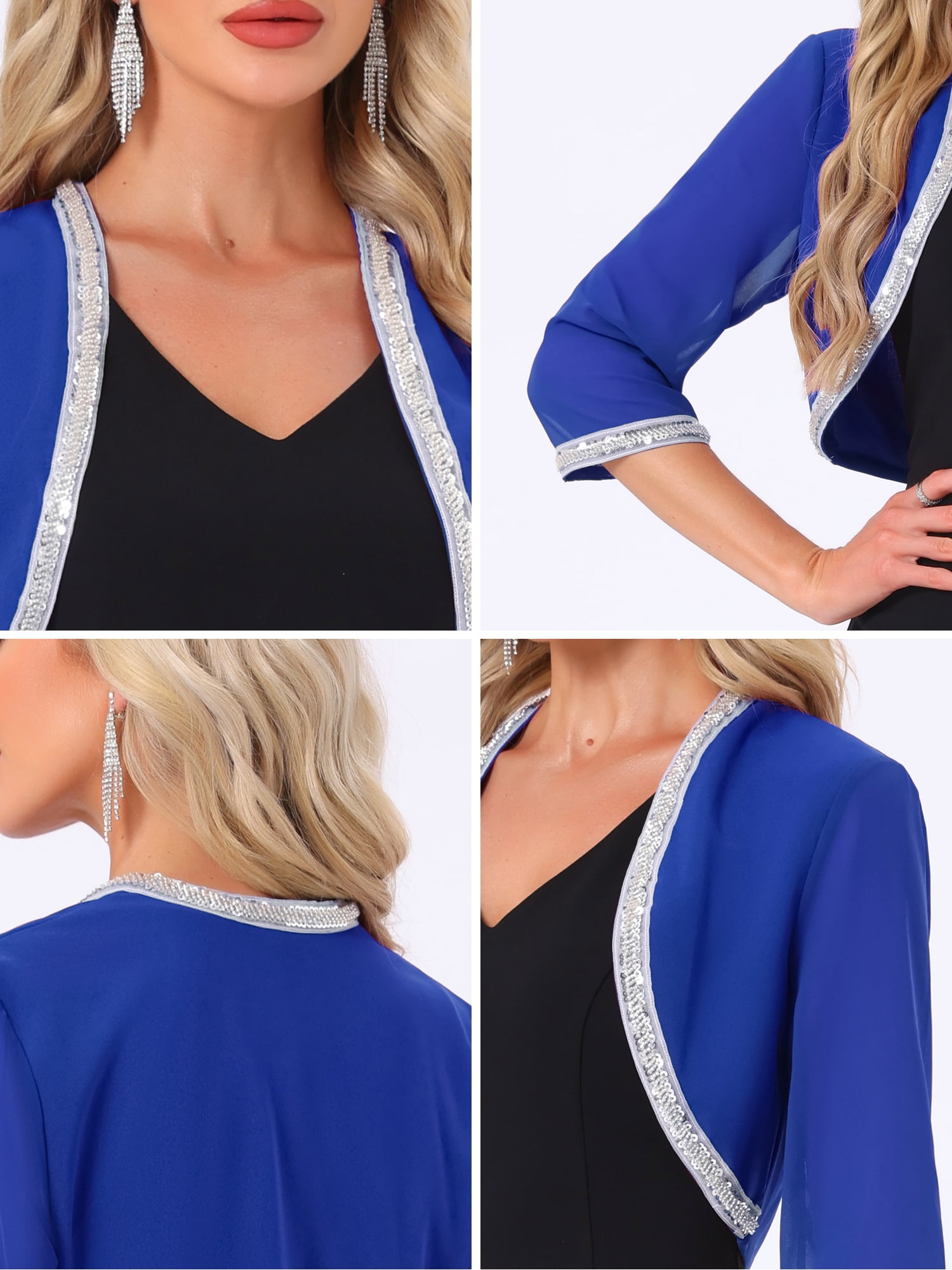 DARING DIVA Women's Sequin Beaded Open Front Evening Shrug S Royal Blue