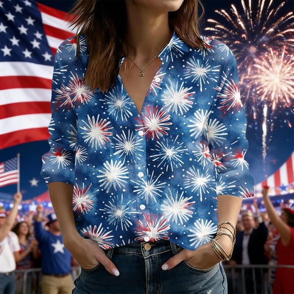 Karymi Tops for Women Trendy Vintage Independence Day Print Long Sleeve Blouse, Lapel Button‑Down Design Open Top, Patriotic 4th of July Casual Shirt Going Out Tops for Women