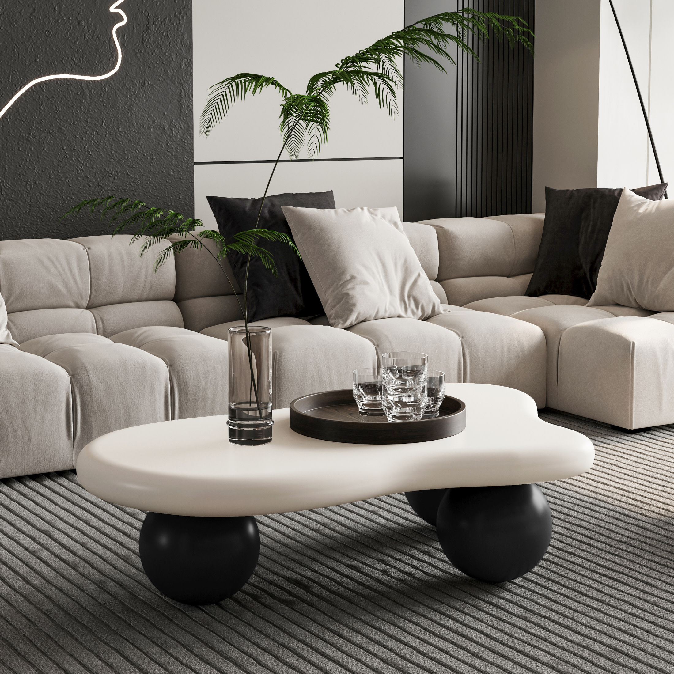 Noble House 40" Cloud Shaped Coffee Table with Ball Legs, Modern Aesthetic Accent Table for Living Room, White Top Black Legs
