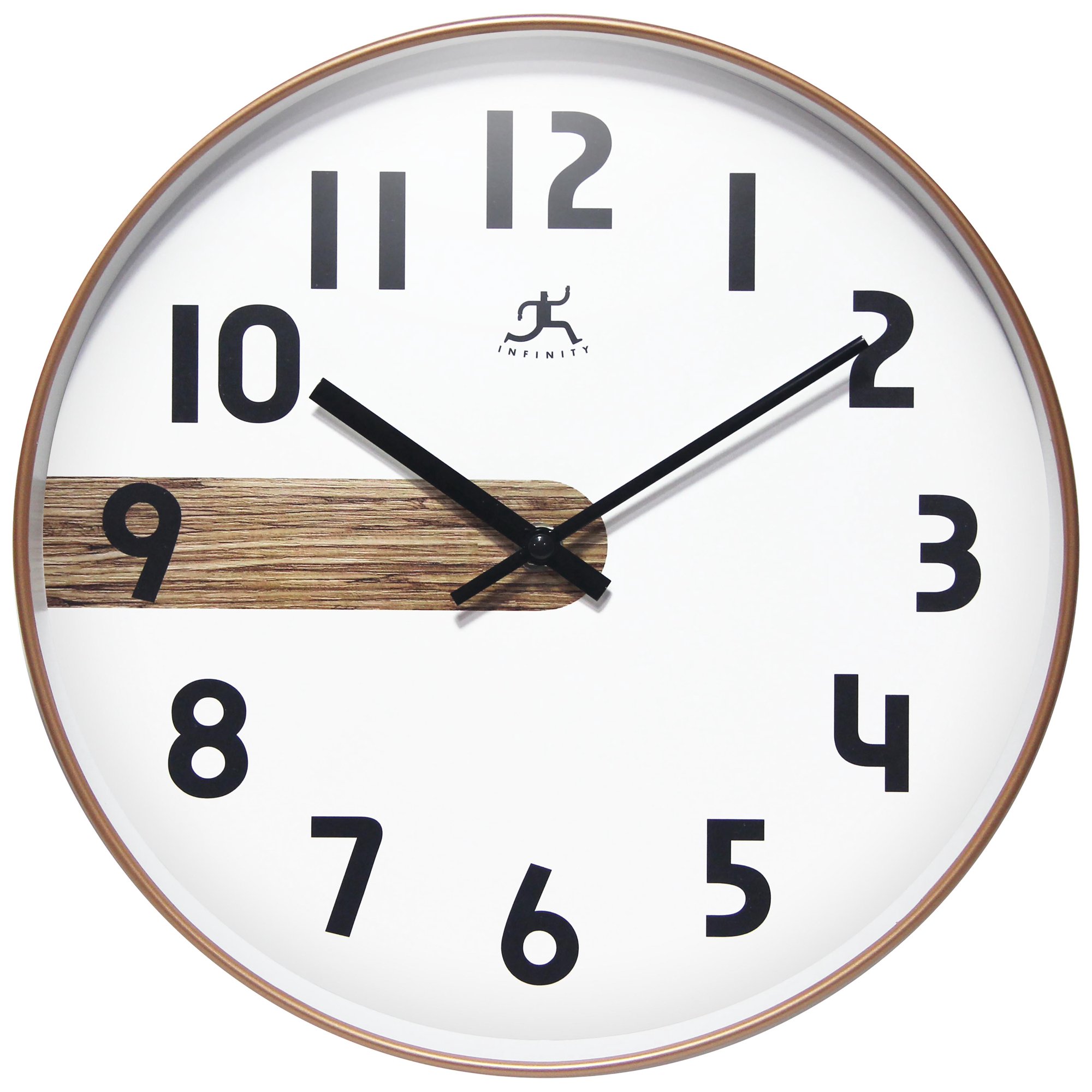 Infinity Instruments Stripe Plastic 12 Indoor Wall Clock with Woodgrain Stripe on Clock Face, Silent Movement, Woodgrain