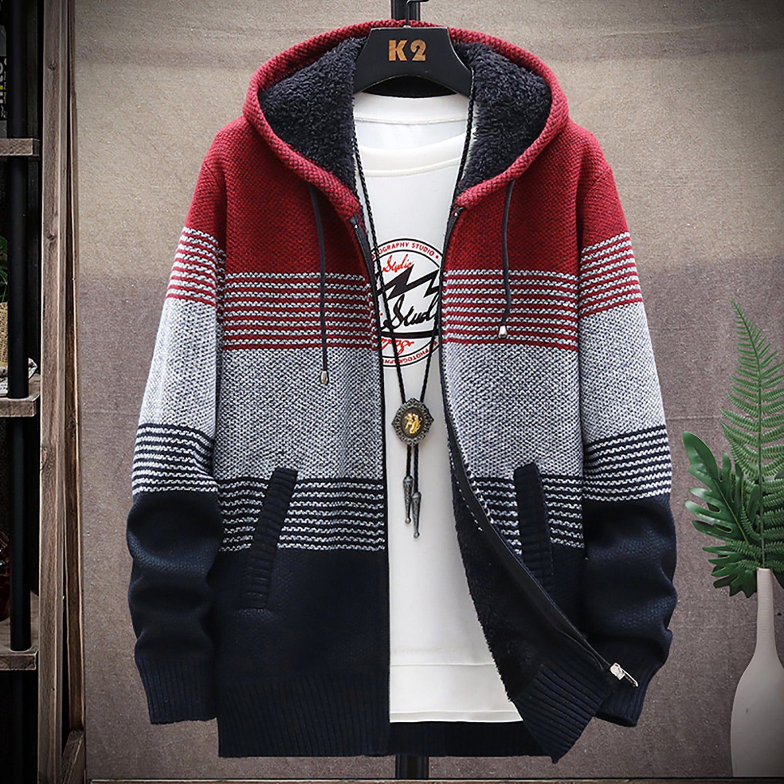 Tianek Womens Coat \u0026 Jacket, Fleece Thick Stripe Color Matching Hooded Sweater Coat Gradient Casual Men's, Women's, Size: Medium, Red