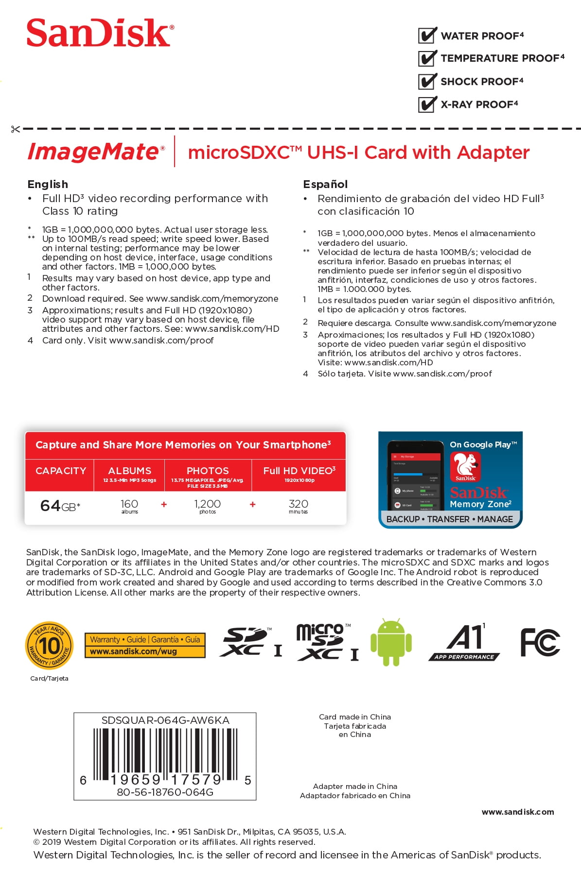 SanDisk 64GB ImageMate microSDXC UHS-1 Memory Card with Adapter - C10, U1, Full HD, A1 Micro SD Card - SDSQUAR-064G-AW6KA