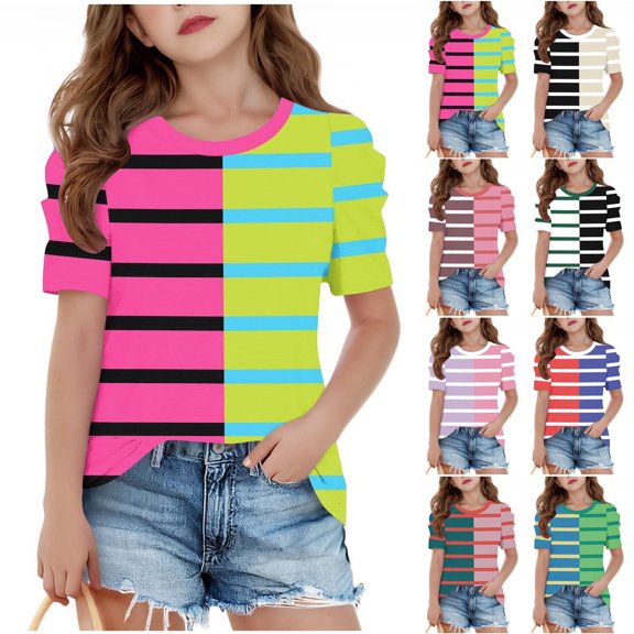 jobturf Girls Shirts Patchwork Color Block Striped Puff Short Sleeve Blouses Holiday Beach Vacation Basic Tees Summer Tops Size 4-15 Years