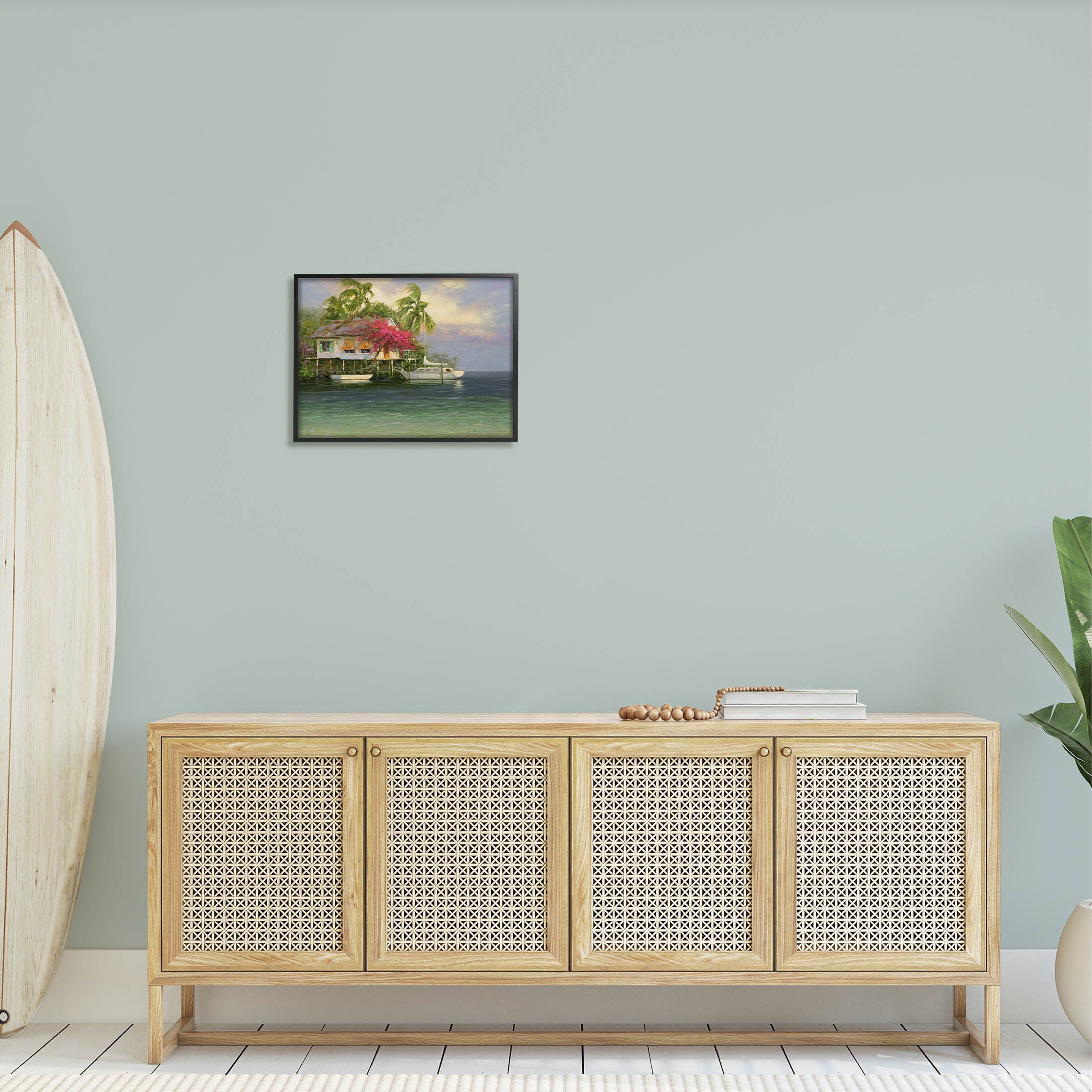 Summer Coastal Vacation Cottage Landscape Painting Black Framed Art Print Wall Art