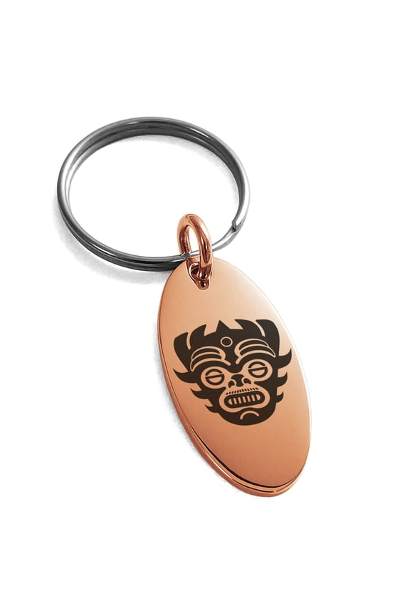 Stainless Steel Aztec Warrior Mask Rune Engraved Small Oval Charm Keychain Keyring