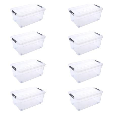Ezy Storage Solutions Line 42.3 Qt Clear Plastic Storage Box with Latching Lids and Removable Wheels 8 Pack