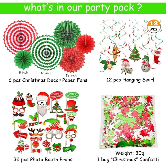 SHILIU-Christmas Party Decorations, Merry Christmas Decorations Supplies, Banner, Hanging Swirls, Paper Fans, Balloon, Photo Booth Props, Confetti, for Holiday Xmas Indoor Outdoor