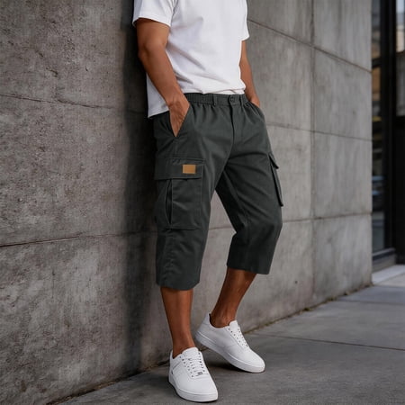 Men s Cargo Capri Pants Casual Ripstop Durable Quick Dry Fishing Golf Capri Elastic Waist Loose Fit Outdoor Walking Capri Shorts with Multi Pockets Dark Gray XL