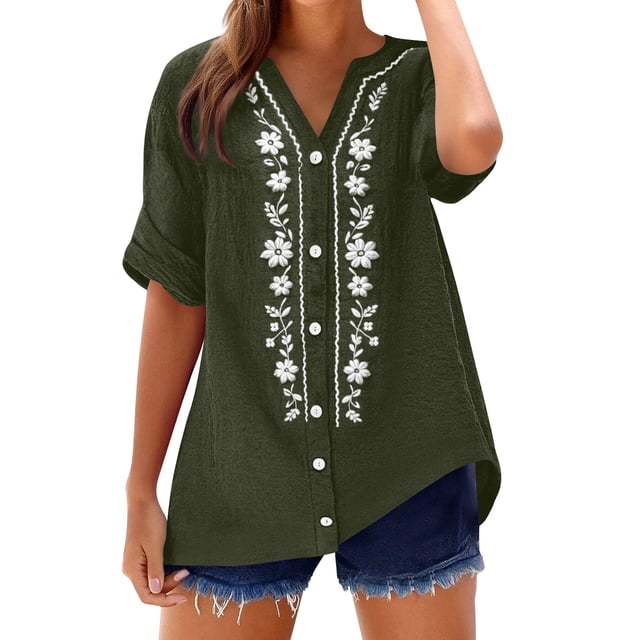 Camisetas de Cuello en V de Manga Corta para las Mujeres Casual Suelto Cuello Redondo Blusa de Verano Camisetas Cuello en V de las Mujeres