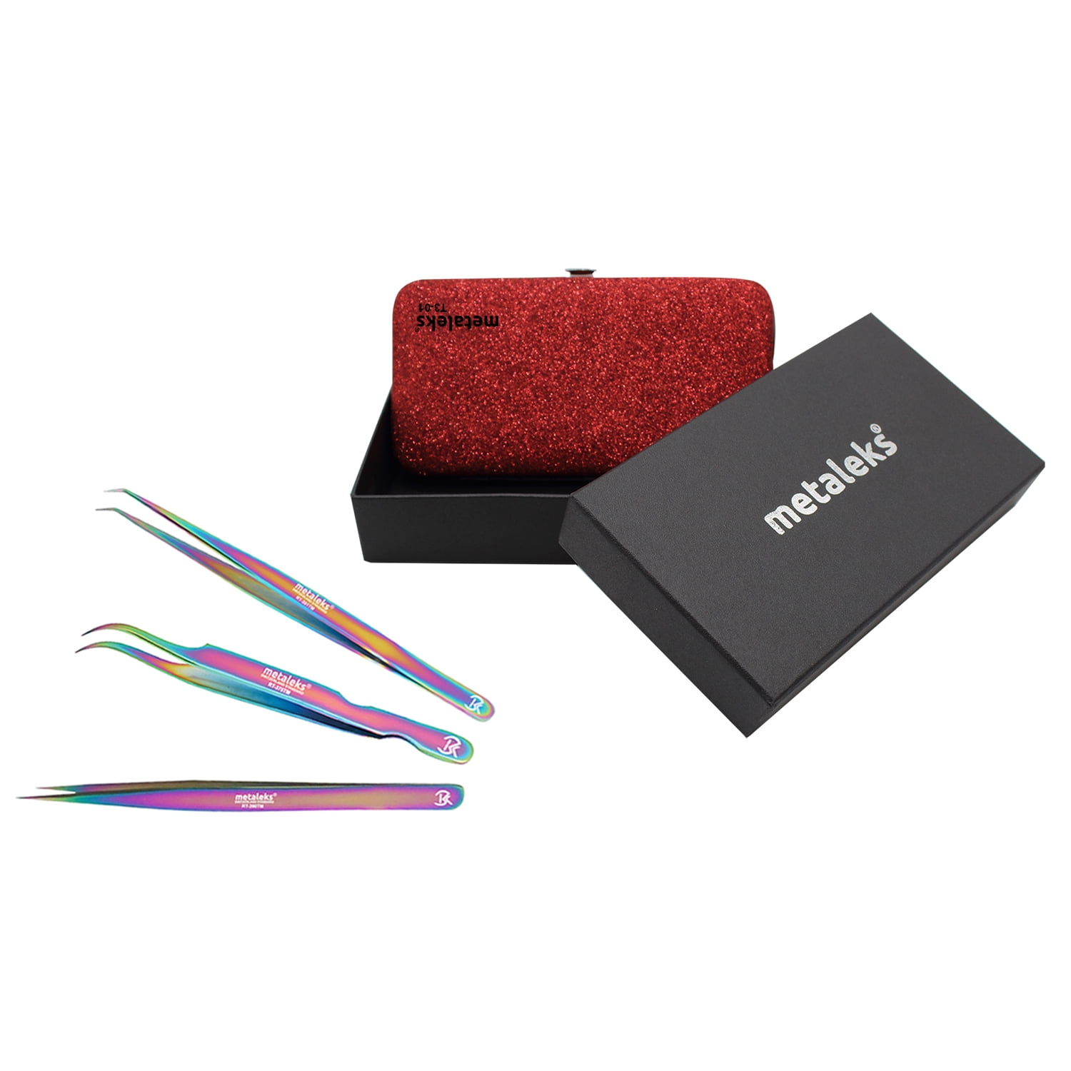 3 Pcs Russian Volume Japanese Stainless Steel Tweezers for Eyelash Extension in Red Titanium Coated with Red Magnetic Kit
