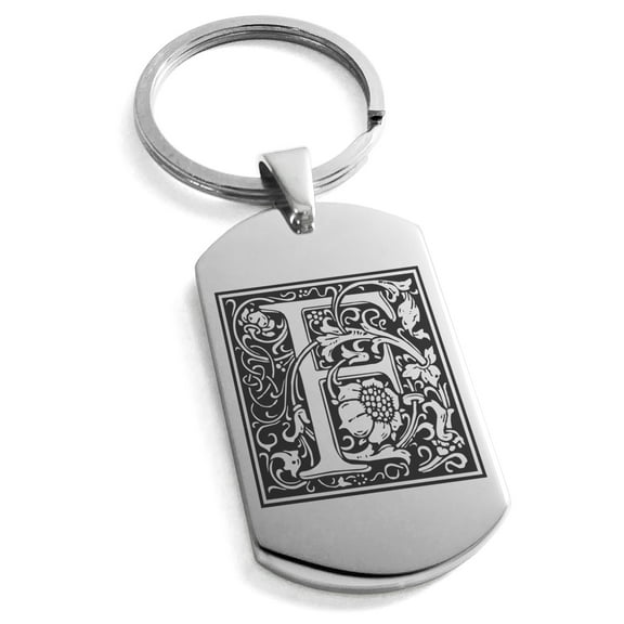 Stainless Steel Letter F Initial Floral Box Monogram Engraved Engraved Dog Tag Keychain Keyring
