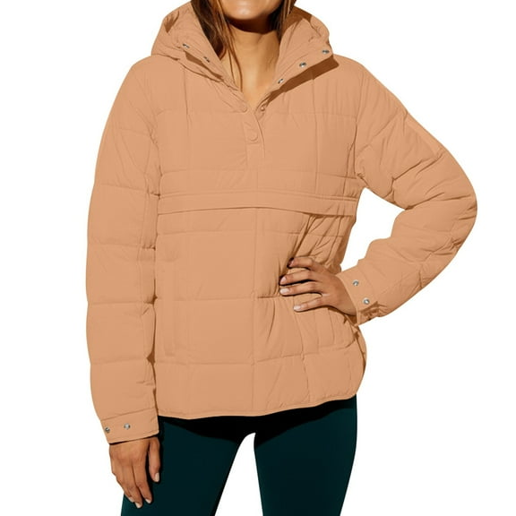 DHFJKG Women's Winter Warm Hooded Puffer Jacket Top Padded Pullover Solid Color Loose Fit Button Up Placket Hoodies Coat Tops Lightweight Long Sleeve Cozy Outerwear