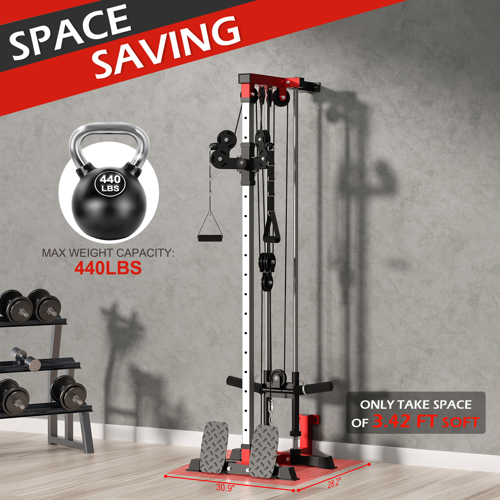 Wall Mount Cable Station, Space Saving LAT Pull-Down Machine18 Positions Dual Pulley System High/Low Cable Crossover Machine for Home Gym