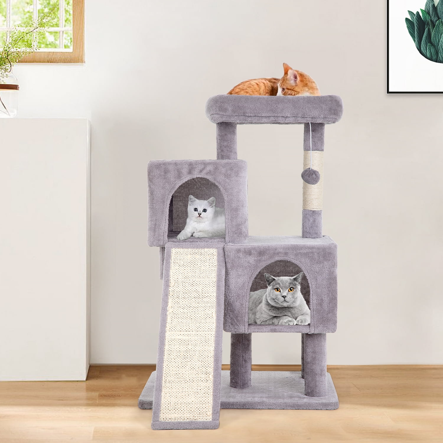 YRLLENSDAN 36 inches Cat Tree for Indoor Cats Cat Tower with Scratching Posts Multi-Level Cat Furniture Condo with Ramp, Perch Spacious Cat Cave & Funny Toys for Kittens House (Ashy)