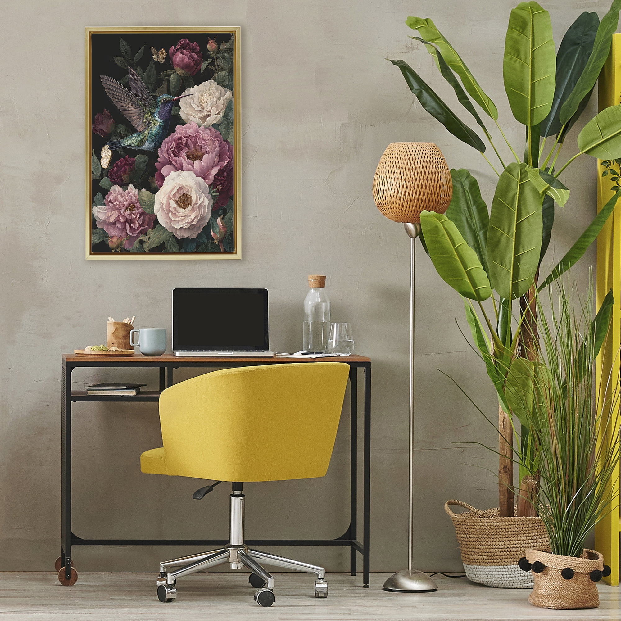 Stupell Industries Hummingbird & Lush Peonies Gold Framed Floater Canvas Wall Art, design by The Wands Want