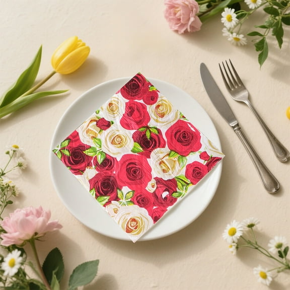 Fwttom Valentines Napkins, 20pcs Pink Napkins Disposable Handkerchiefs with Red Roses Patterned, Paper Napkins for Holiday, Valentines Day Restaurant & Surprise Night