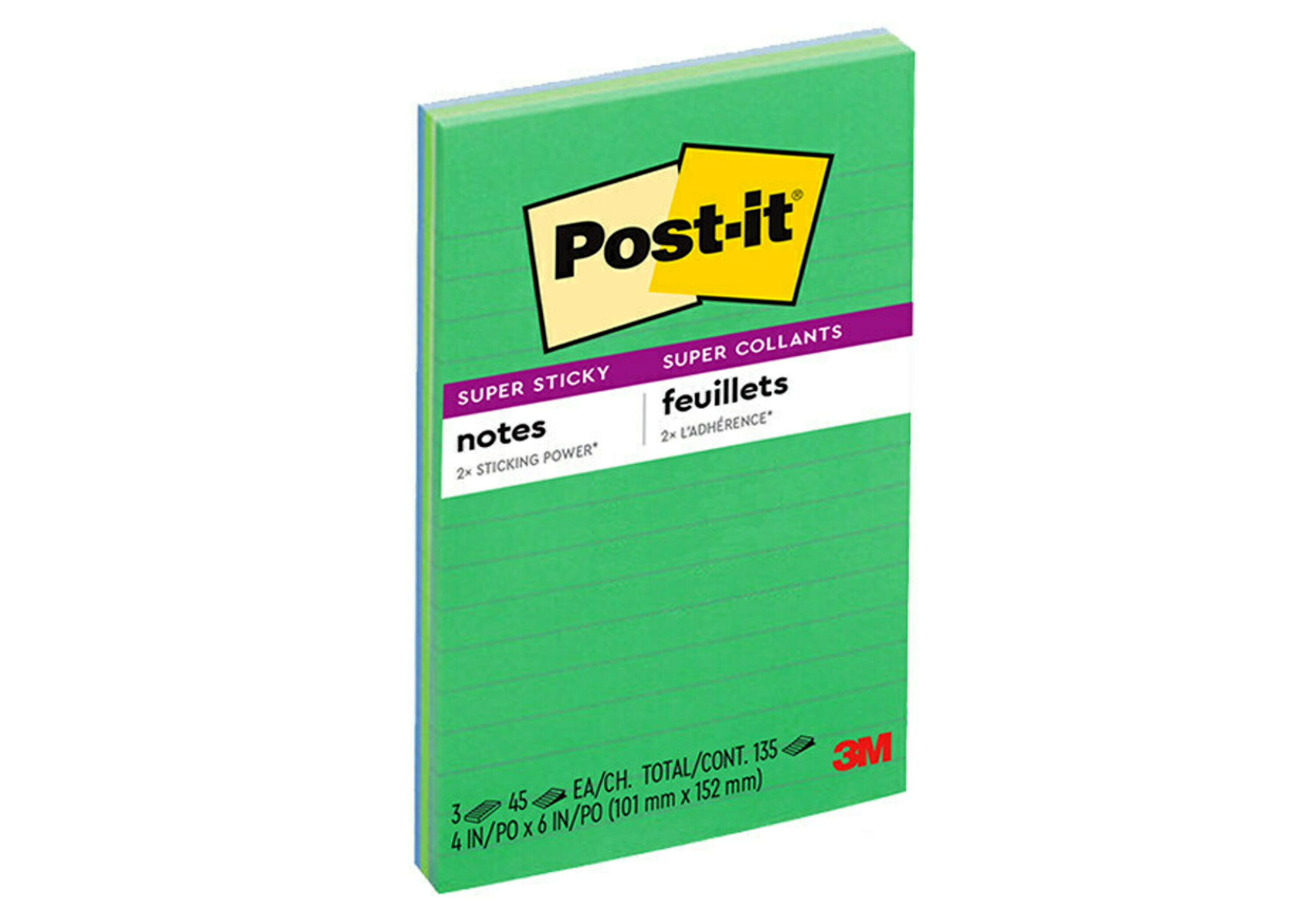 Post-it Super Sticky Notes, Lined, 4" x 6", Assorted Greens and Blues, 3 Pads