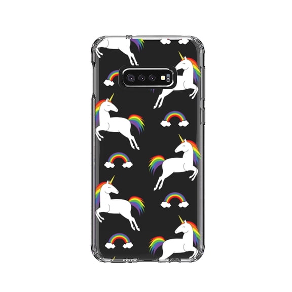DistinctInk Clear Shockproof Hybrid Case for Samsung Galaxy S10e (5.8" Screen) - TPU Bumper, Acrylic Back, Tempered Glass Screen Protector - Rainbows & Unicorns