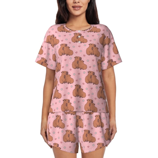 Vsdgher Ensemble de Pyjama pour Femmes Motif Cœur Capybara 2 Pcs Manches Courtes, Ensemble de Pyjama Doux d'Été Décontracté, 2 Pcs Pj-TG