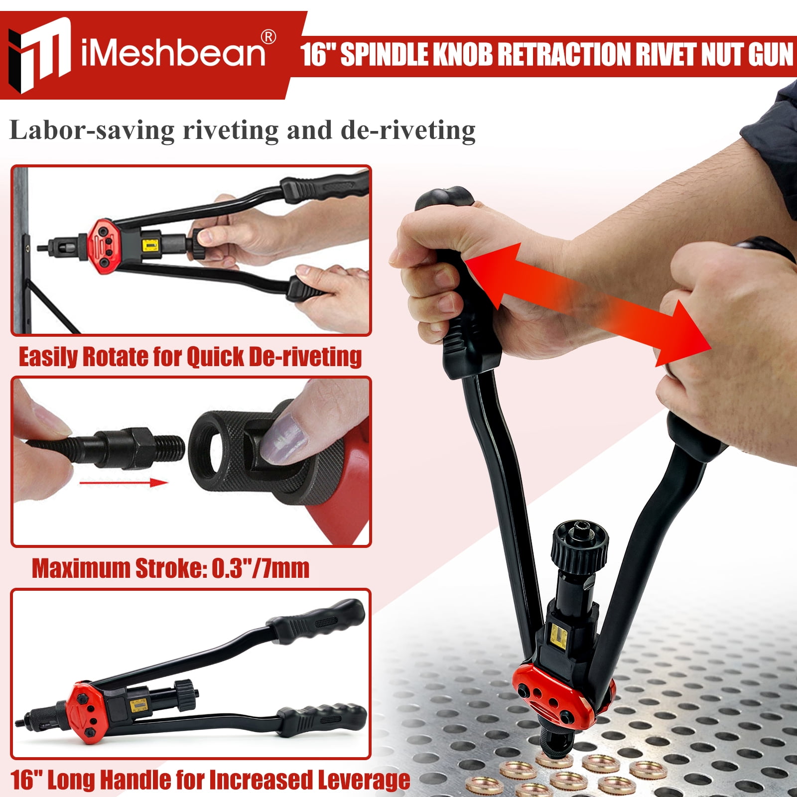iMeshbean Rivet Nut Tool 16" Rivnut Tool Kit 15 PCS Metric &SAE Mandrels & 145PC Rivet Nut
