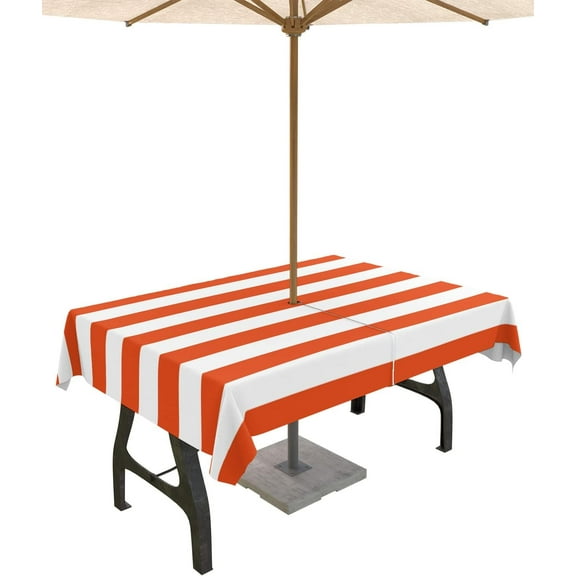 Outdoor Tablecloth Orange and White Stripes Rectangle Patio Tablecloths 60x84, Waterproof Table Cloths with Umbrella Hole and Zipper, Striped Simple Summer Table Cover for Outdoor Tables Garden