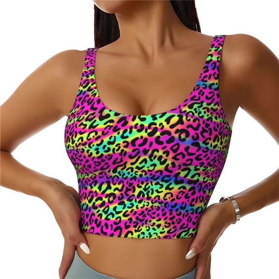 Sports Bras for Women High Support -Cool Bright Red Leopard Rainbow Soft Athletic Crop Workout Tank Top for Women