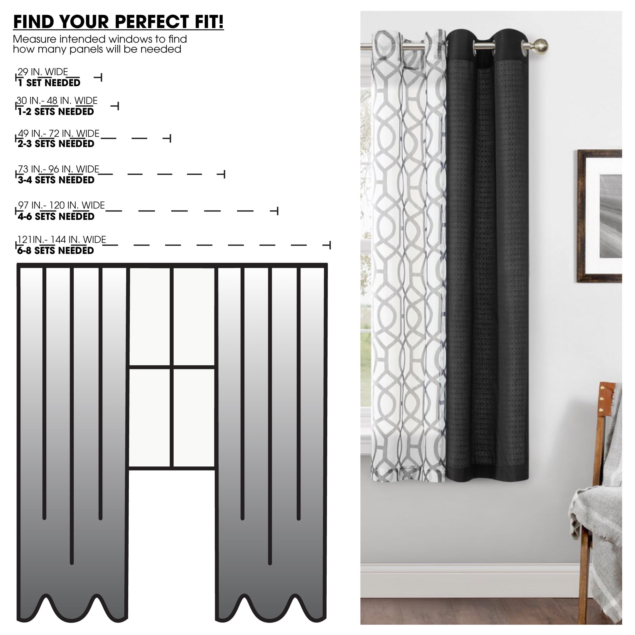 (2 pack) Mainstays Kingswood Solid and Printed Sheer Grommet Curtain Panel Set, 4 Piece, Black, 27.5" W x 63" L
