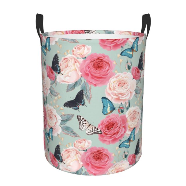 Fotbe Roses and Butterflies Cesto de Ropa con Asas, Cesto Impermeable de Gran Capacidad, Bolsa de Lavado para Dormitorio, Cesto de Ropa con Ruedas y Asas-Small