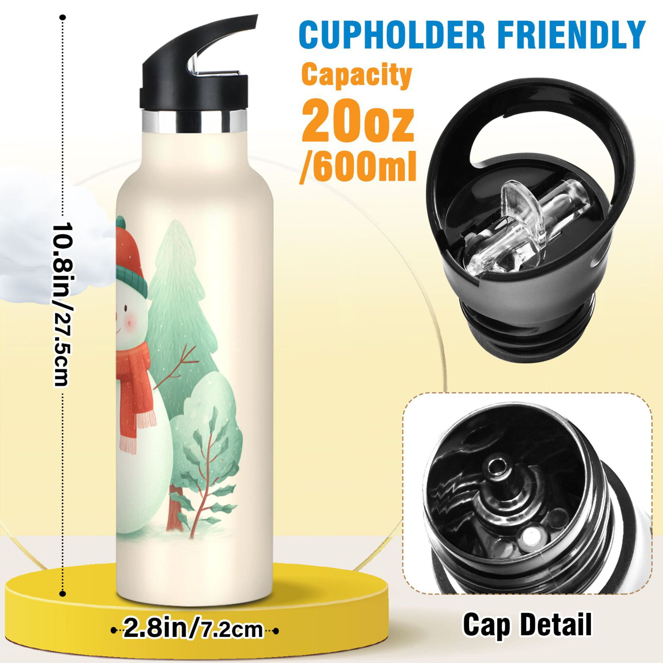 600ML Stainless Steel Insulated Cup Sports Water Bottle Portable Thermos Cup Water Glasses Insulated Tumblers Convenient and Durable A Cute Watercolor Christmas Snowman