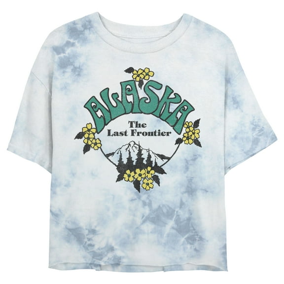Junior's Lost Gods Alaska The Last Frontier Mountains and Flowers Graphic Crop T-Shirt White/Blue Medium