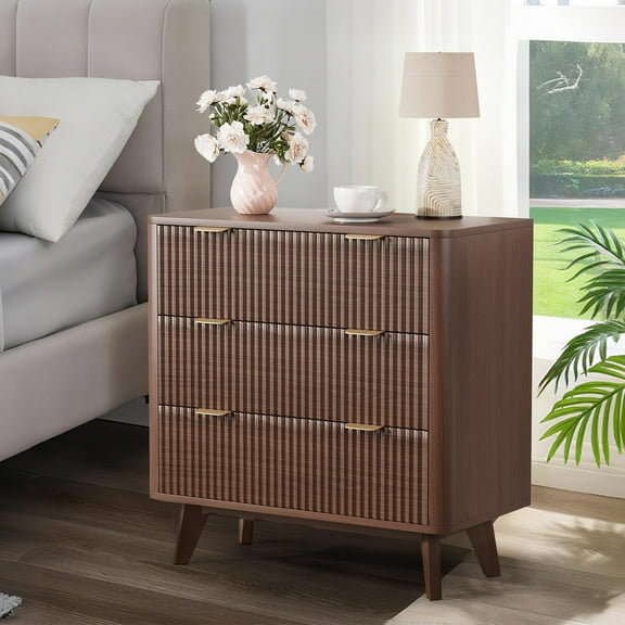 Huisuilinss Fluted 3 Drawer Dresser,Modern Fluted Nightstand,Wood Chest Of Drawers,Bedside Table With Gold Handle And Large Drawer,End Table For Bedroom Living Room Hallway Entryway