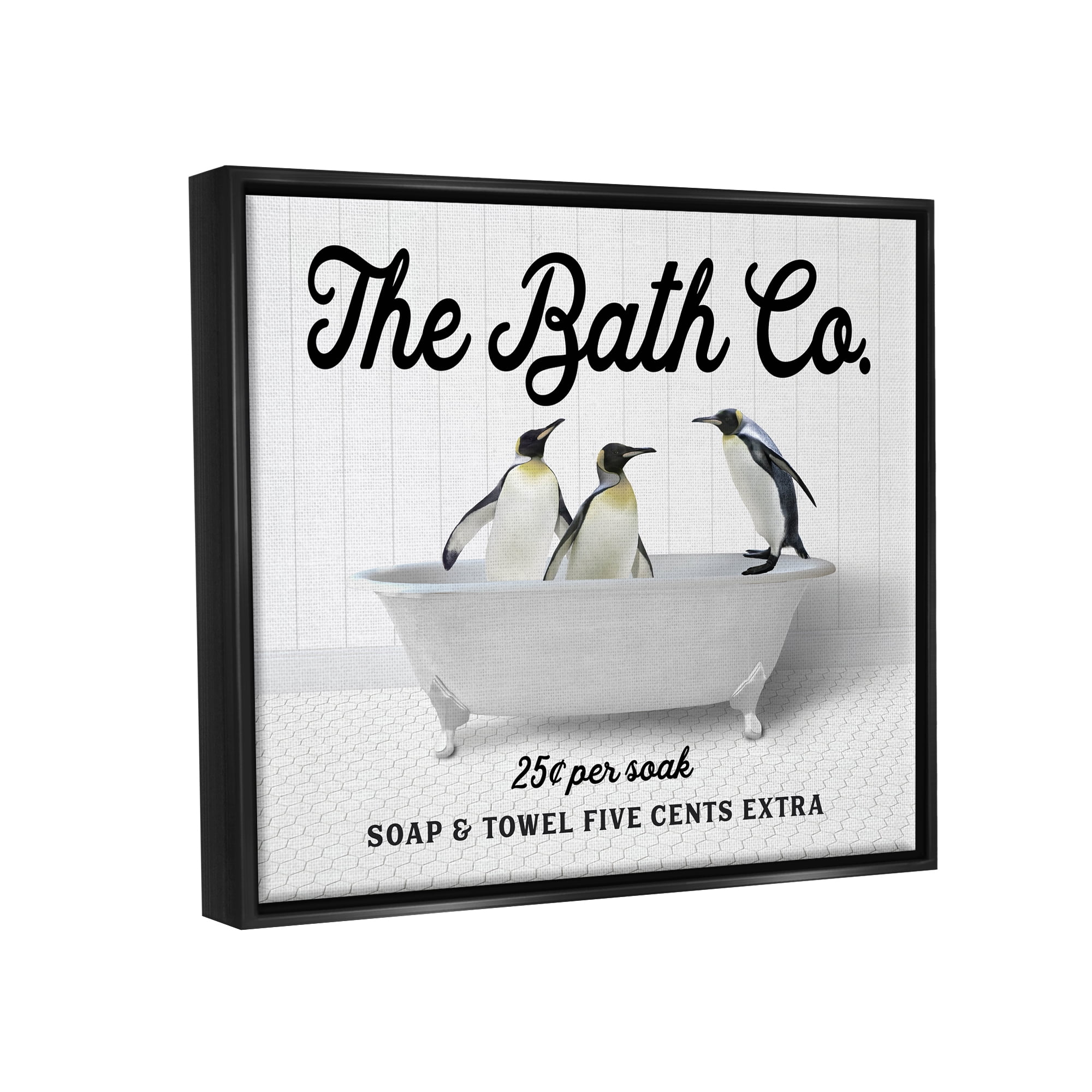 Stupell Industries Vintage Bath Ad Penguins Animals & Insects Painting Black Floater Framed Art Print Wall Art, 21 x 17