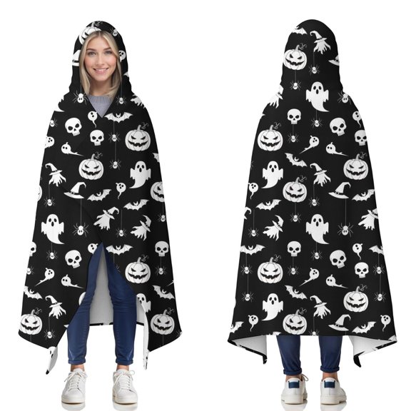 Wearable Blanket,Black Halloween Ghost Pumpkin Pattern Hooded Wearable Flannel Blanket for Adults & Teens,Winter Poncho Shawl Wrap Cape Cozy Anti-Pill,50"x60"