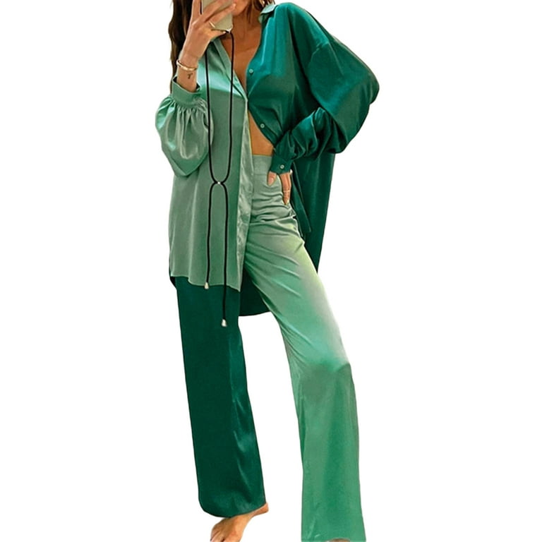 ZIYIXIN Women Satin 2Pcs Casual Loose Suit Single Breasted Turn Down Collar  Long Sleeve Shirt Top Wide Leg Pants Set Green M 