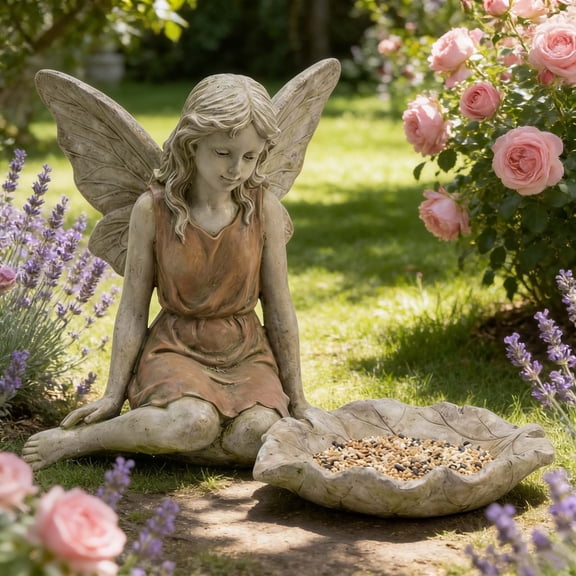Cadancy Garden Fairy Statue with Bird Feeder Bowl Outdoor Resin Angel Sculpture Decorative Lawn Ornaments Yard Art Patio Decor for Backyard Landscape