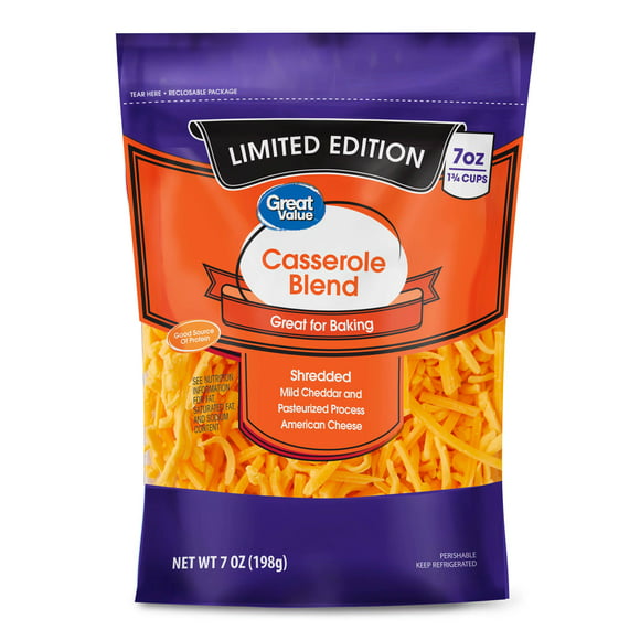 Great Value Limited Edition Shredded Casserole Blend Cheese, 7 oz