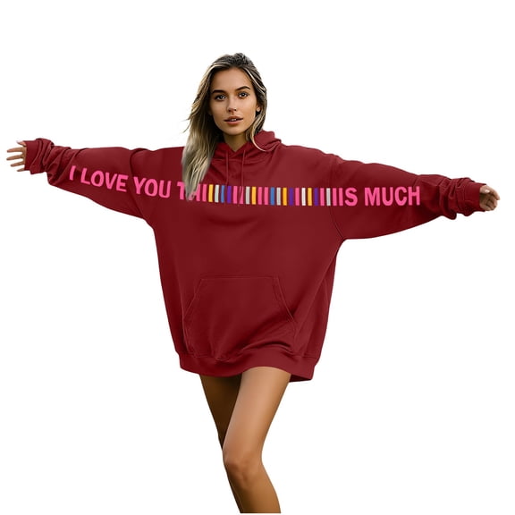 ZQUUVOU Valentine's Day Hoodies for Women Men I Love You This Much Couple Sweatshirts Oversized Casual Pullover Tops Burgundy