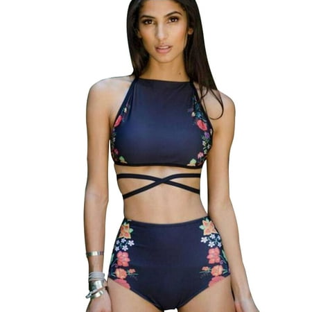 High Neck Halter Bikini Set Elegant Swimsuit Blue Floral Printing