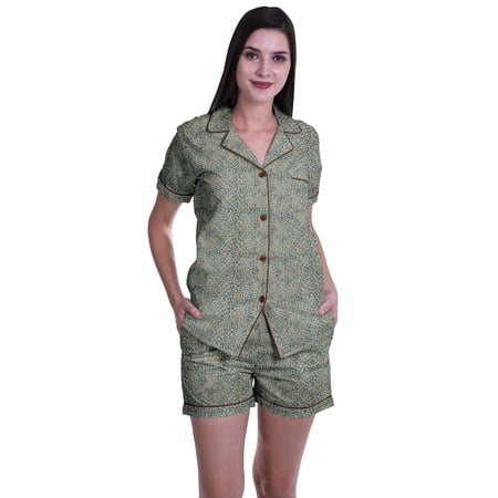 Moomaya Printed WoMen s Sleepwear Two Piece Printed Notch Collar Shorts Pj Set