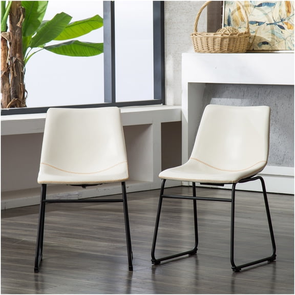 White PU Leather Dining Chairs Set of 2 - Vintage Sleigh Design Metal Frame Side Chairs with Footrest