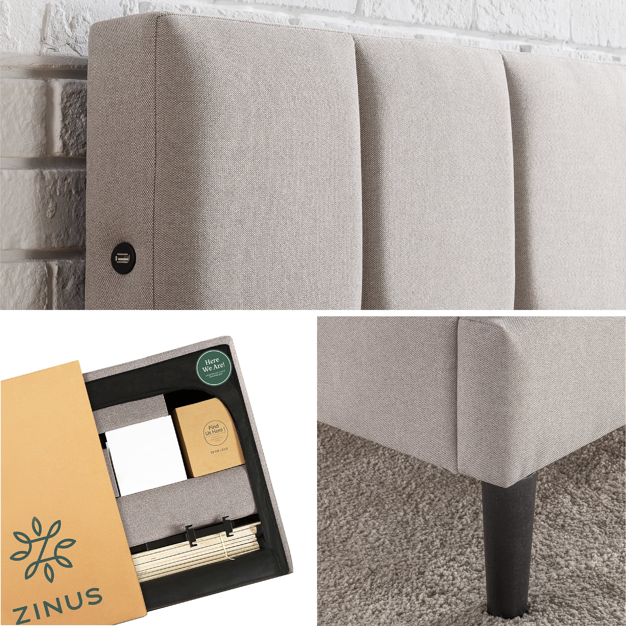 Zinus Lottie 35" Upholstered Platform Bed Frame with USB Ports, Beige, Queen