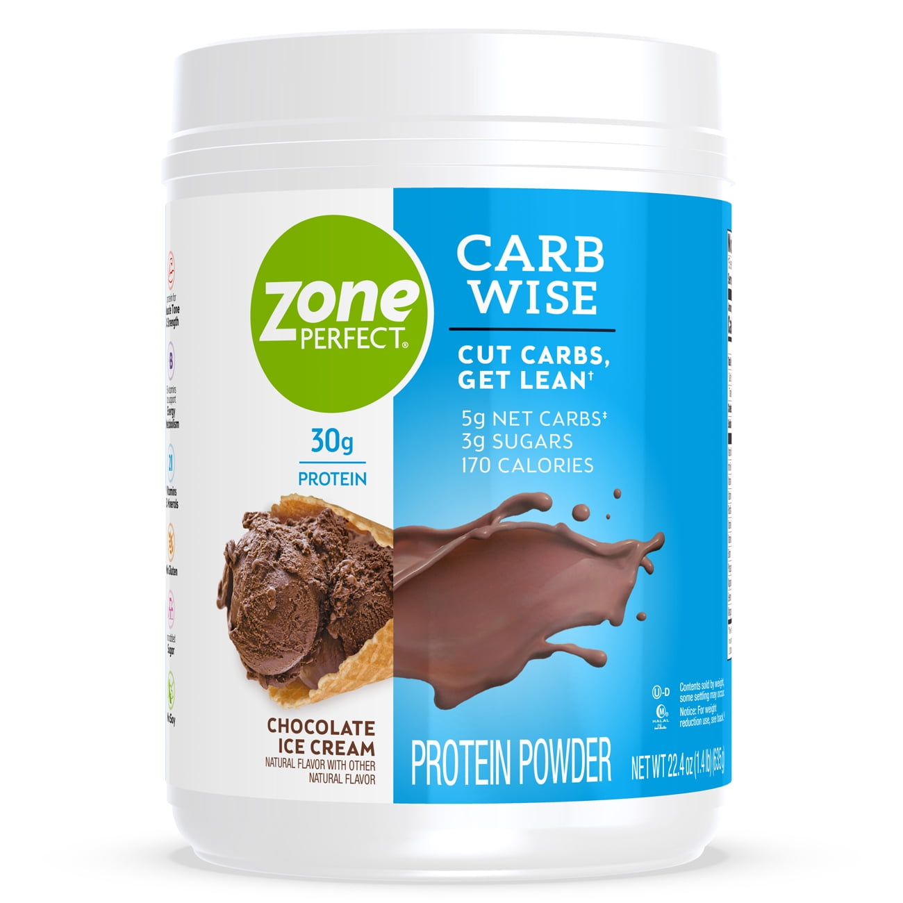 ZonePerfect Carb Wise High-Protein Powder, Chocolate Ice Cream Flavor, For A Low Carb Lifestyle, With 30g Protein, 22.4 oz, 1 Count