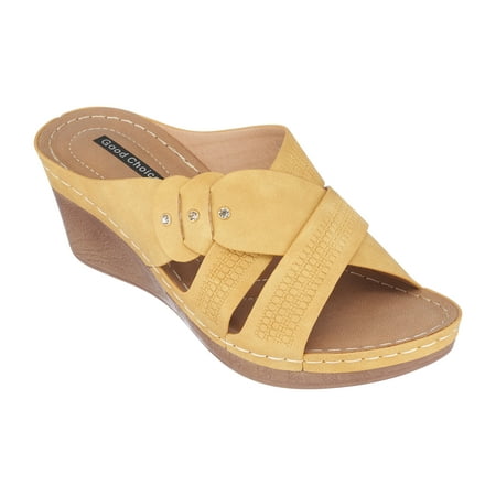 

GC Shoes Womens Open Toe Memory Foam Wedge Sandals Summer Platform Heels Low Heeled Crossover Strap Slides Dorty/Yellow/7.5