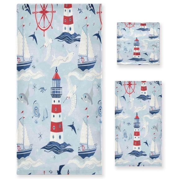 Three-Piece Towel Set Face Towel Towel Set Hand Towel Bath Towel Cotton Bath Towels Bath Towel Sets Hand Bath Towels Cartoon Red Lighthouse