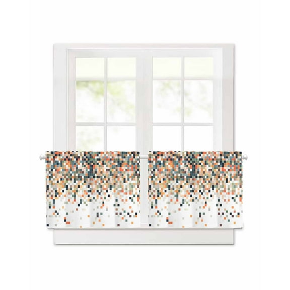 Orange Geometric Short Blackout Curtains 36 Inch Long Abstract Plaid Colorful Grid Texture Rod Pocket Kitchen Curtains, 2 Panels Thermal Insulated Room Darkening Drapes for Bedroom, 42"W x 36"L