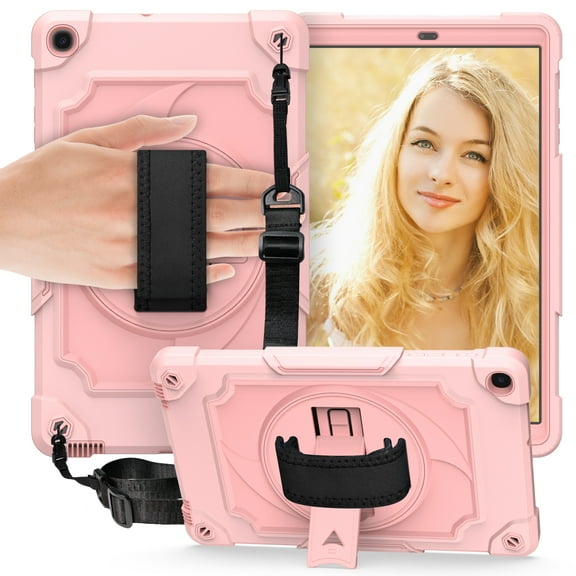Dteck Shoulder Strap Case for Samsung Galaxy Tab A 10.1" SM-T510 T515 (2019 Released) 10.1-inch,Shockproof Armor Rubber Hybrid 3-Layer Design Hand Strap Cover without Screen Protector,Rosegold