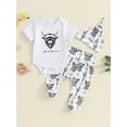 thumbnail image 2 of FEORJGP Infant Baby Boy Summer Western Outfits 0 3M 6M 12M Toddler Short Sleeves Rompers Cow Head Print Jumpsuits and Elastic Pants Beanies Hat Set KiFashion Casual 3 Piece Clothes for Daily, 2 of 10
